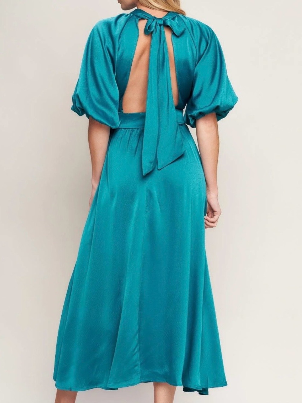 Aratta Silent Journey Teal Puff-Sleeve Midi Dress